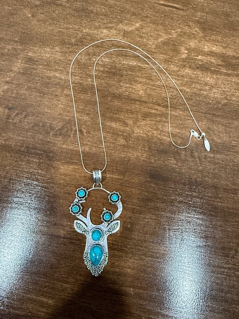 New Sterling Silver Deer Pendant Necklace with Turquoise Accents